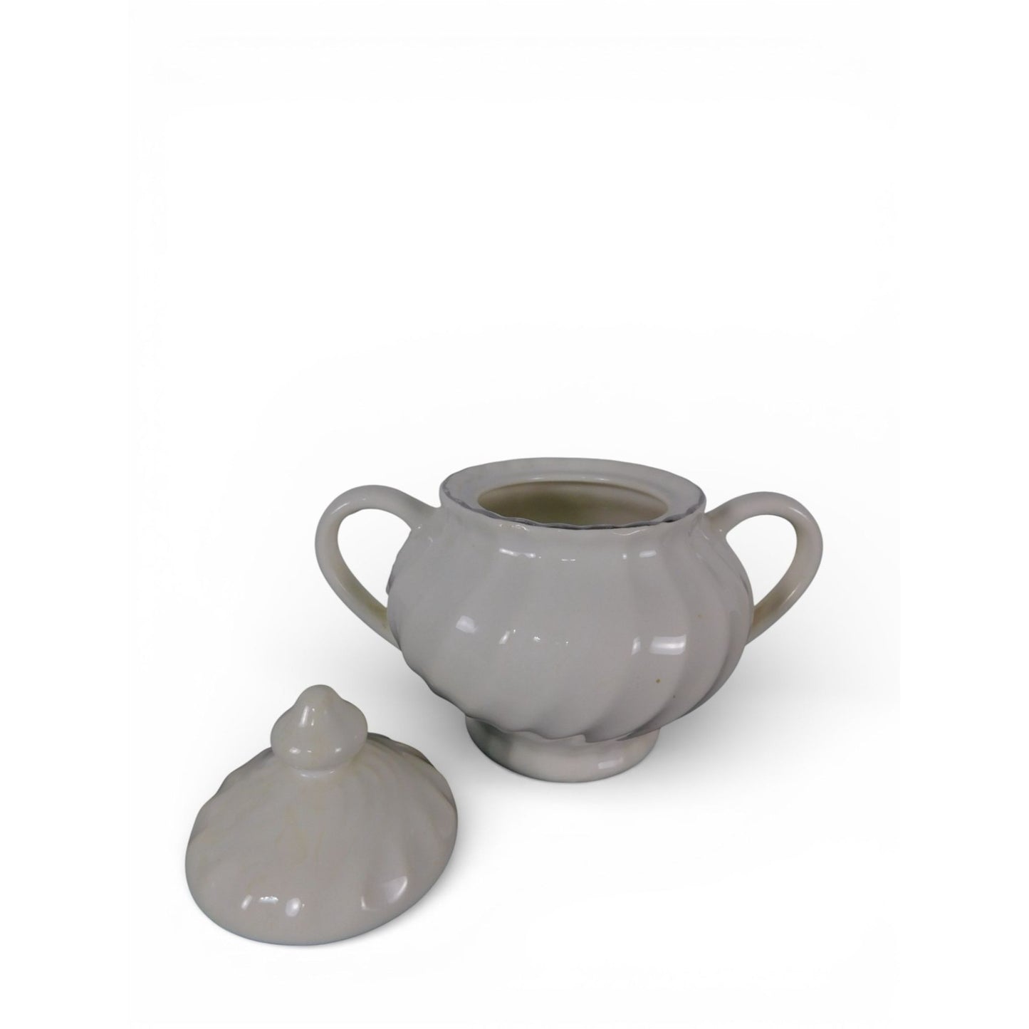 Vintage White Ceramic Sugar Bowl w Lid Double Handle Scalloped