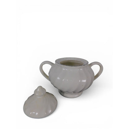 Vintage White Ceramic Sugar Bowl w Lid Double Handle Scalloped