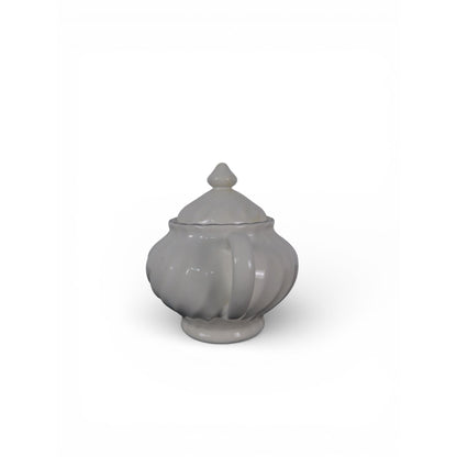 Vintage White Ceramic Sugar Bowl w Lid Double Handle Scalloped