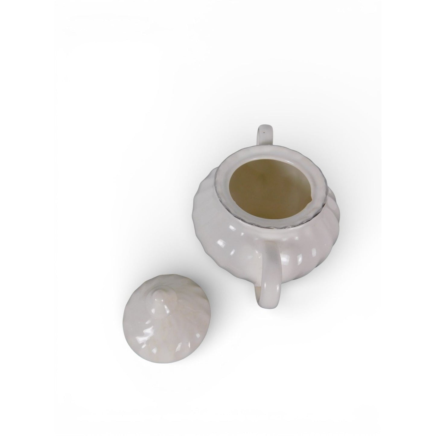 Vintage White Ceramic Sugar Bowl w Lid Double Handle Scalloped