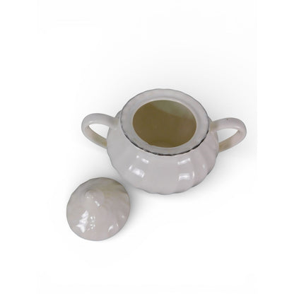 Vintage White Ceramic Sugar Bowl w Lid Double Handle Scalloped