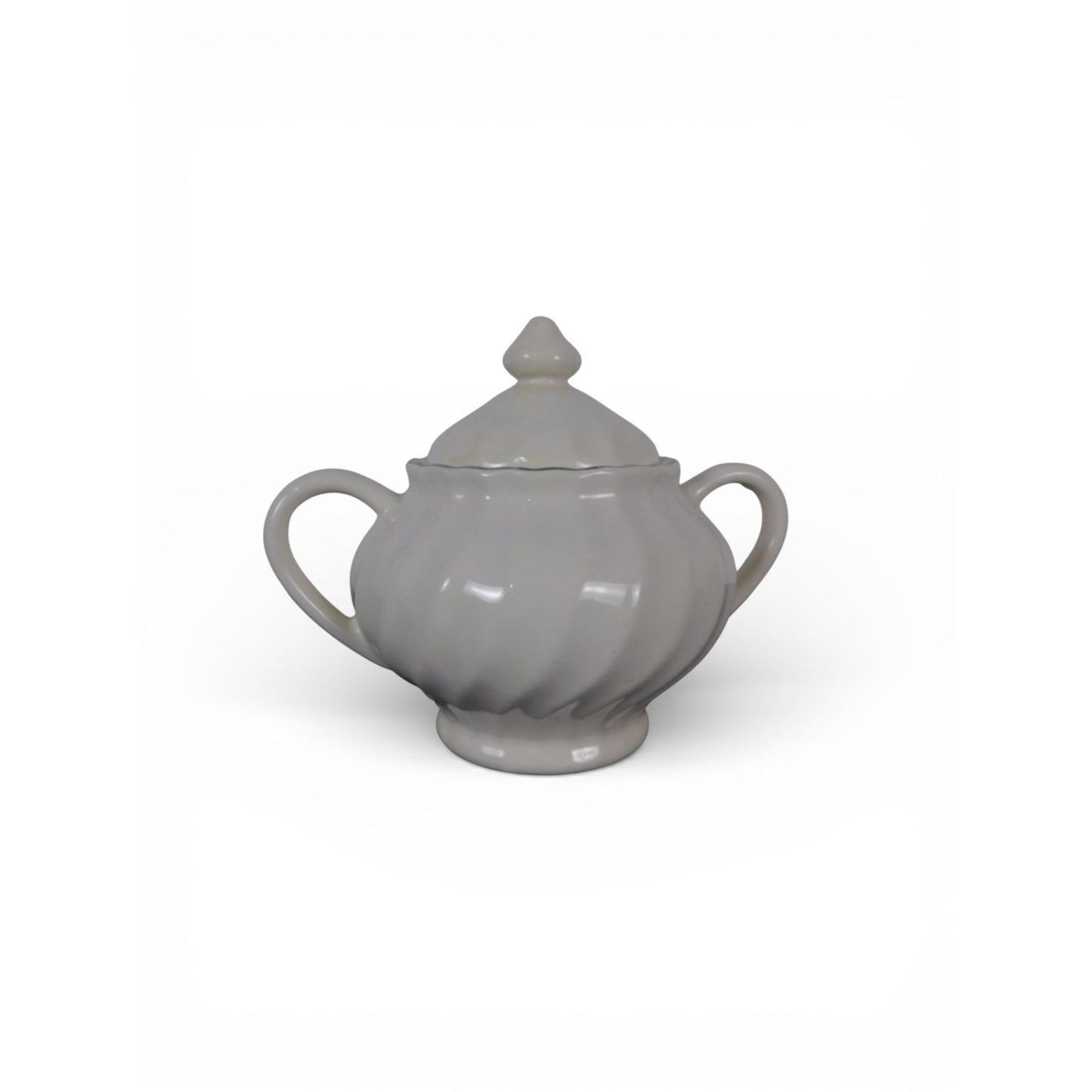 Vintage White Ceramic Sugar Bowl w Lid Double Handle Scalloped