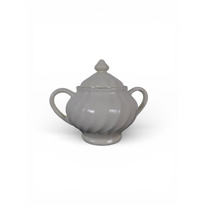 Vintage White Ceramic Sugar Bowl w Lid Double Handle Scalloped
