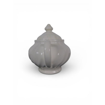 Vintage White Ceramic Sugar Bowl w Lid Double Handle Scalloped