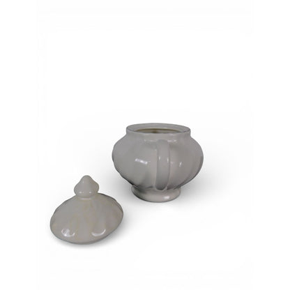 Vintage White Ceramic Sugar Bowl w Lid Double Handle Scalloped