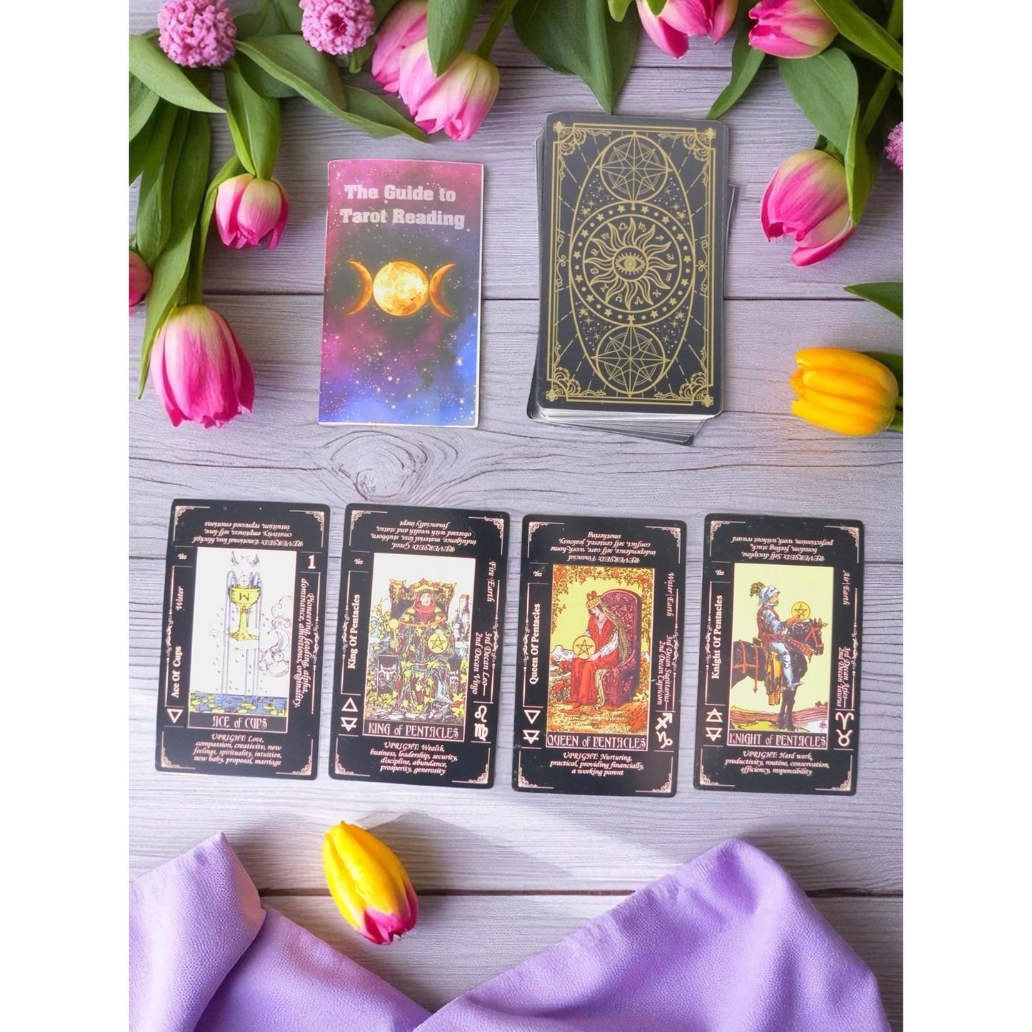 Classic Black Tarot Deck w/ Meanings Guidebook Celestial