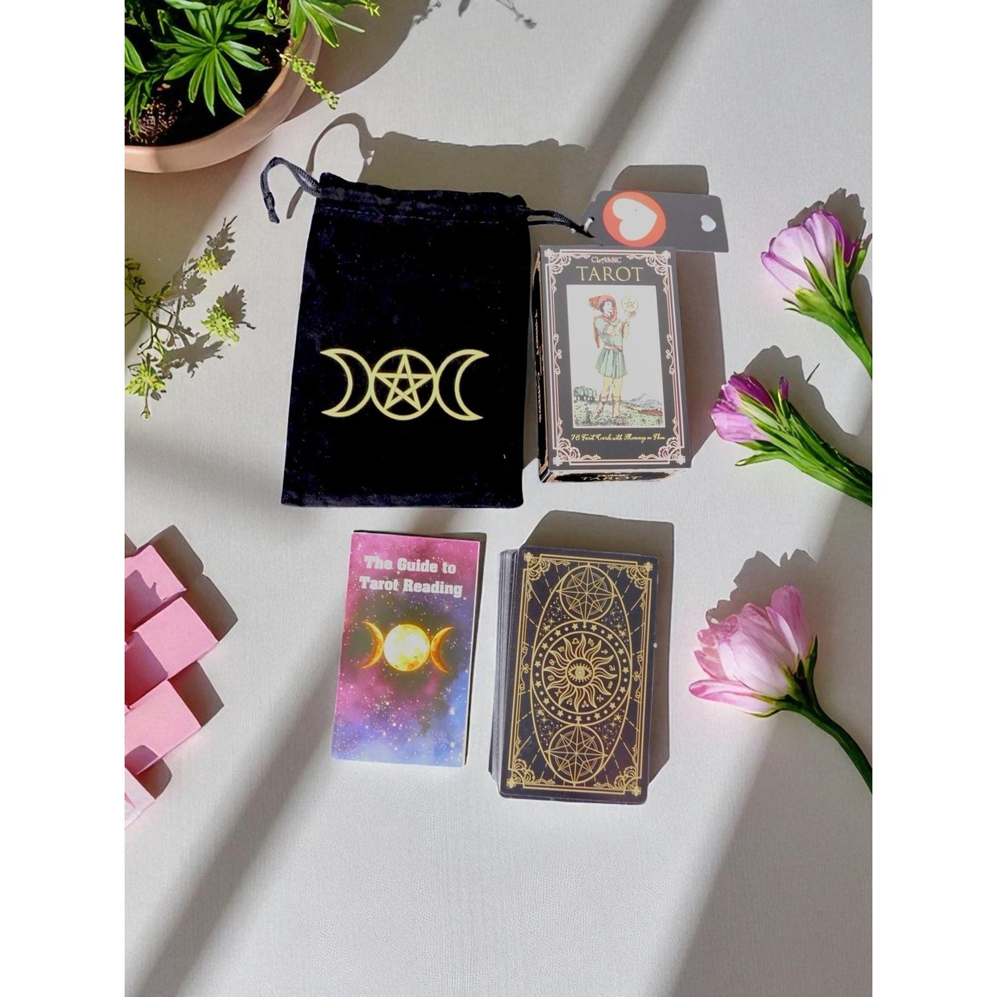 Classic Black Tarot Deck w/ Meanings Guidebook Celestial
