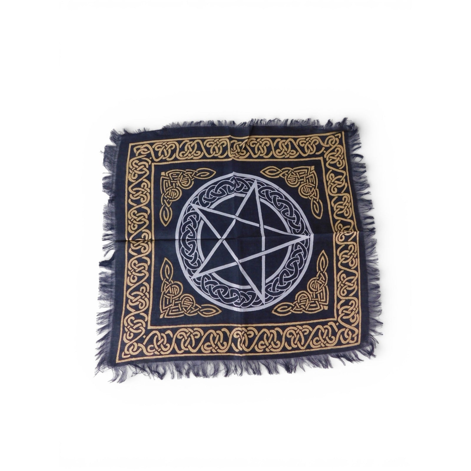 Pentacle Celtic Knot Altar Cloth Fringe Black Gold Wicca Witchcraft Tarot