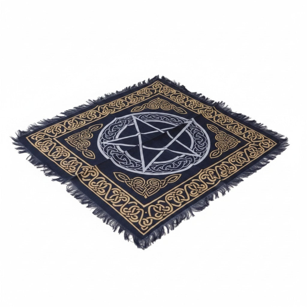 Pentacle Celtic Knot Altar Cloth Fringe Black Gold Wicca Witchcraft Tarot