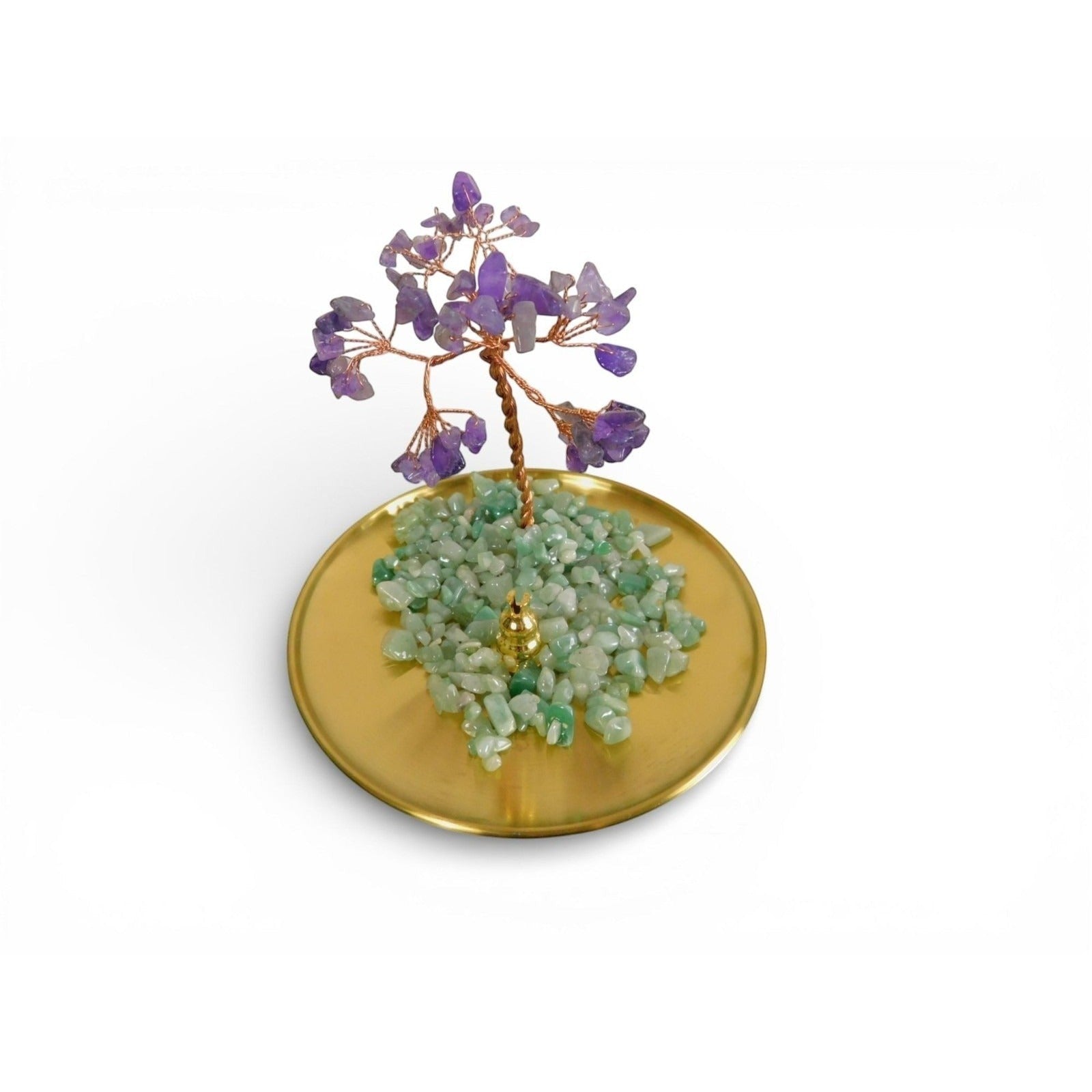 The Witches' Quest amethyst gemstone tree ornament with green aventurine chips on a polished gold-toned metal tray.