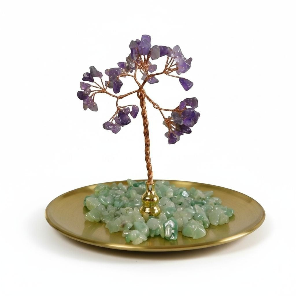 The Witches' Quest amethyst gemstone tree with wire branches on a gold tray with green aventurine crystal chips.