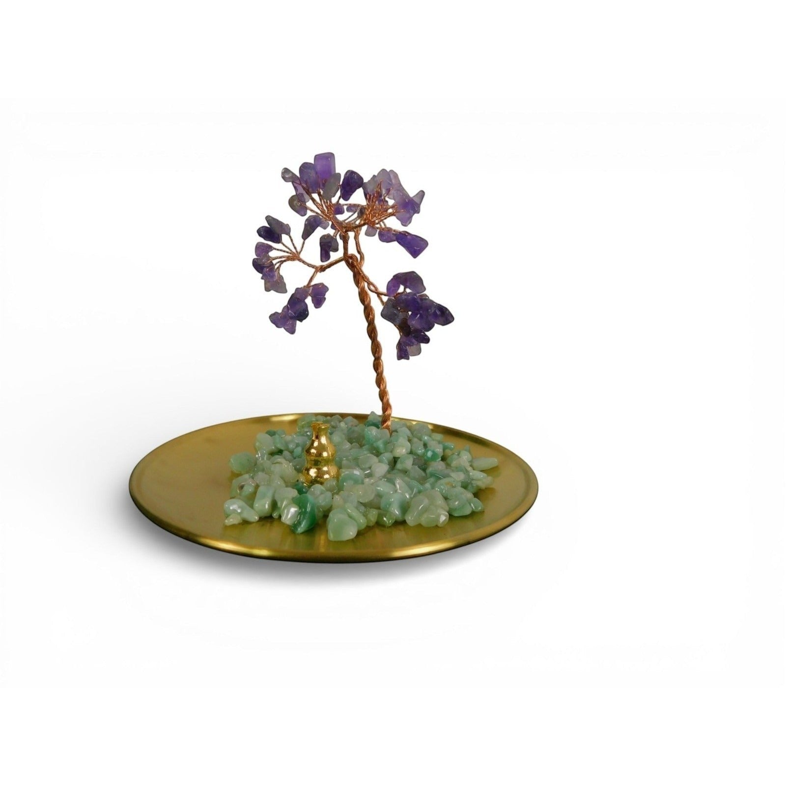 The Witches' Quest amethyst gemstone tree ornament with green aventurine chips on a gold-toned metal tray.
