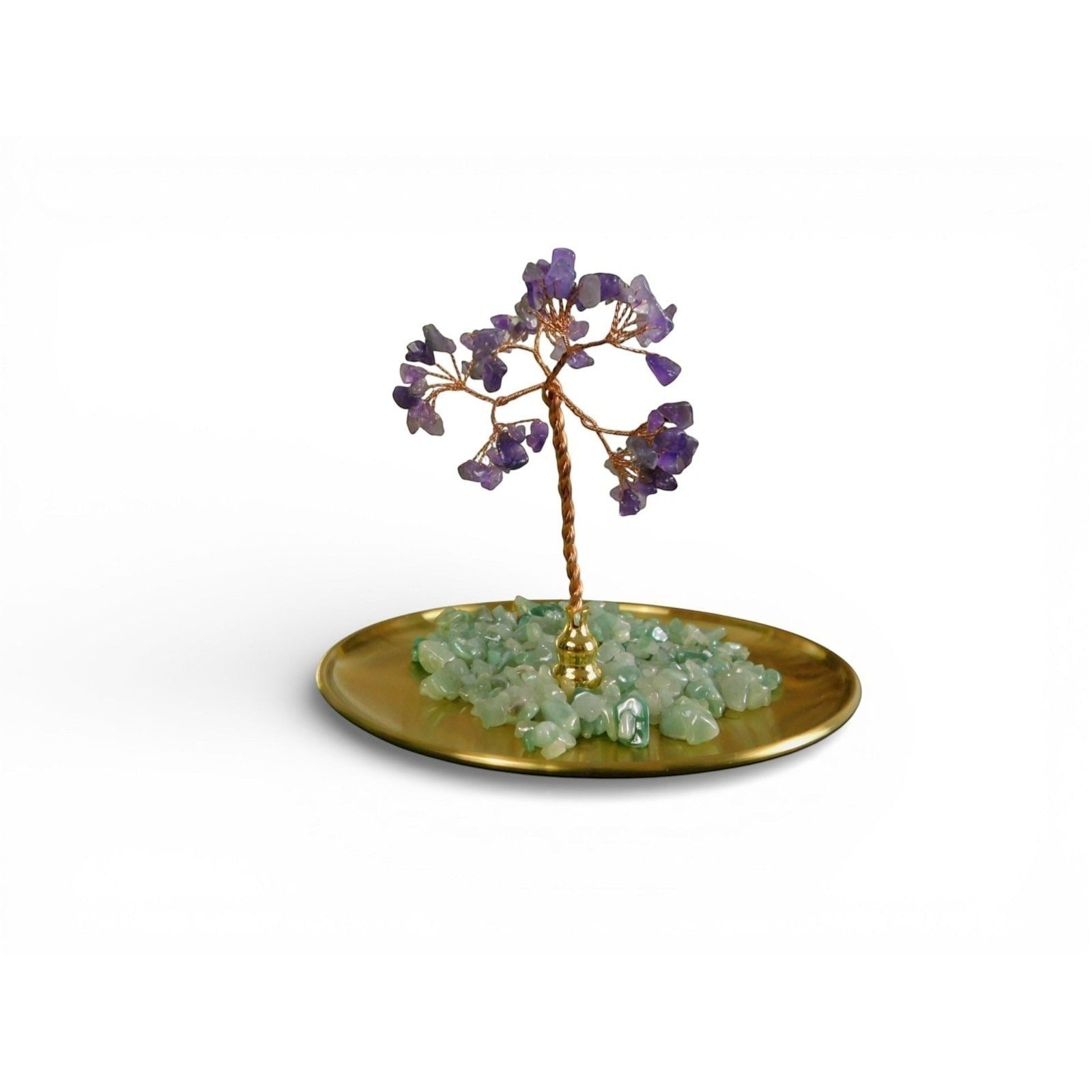 The Witches' Quest amethyst gemstone tree ornament with wire branches on a gold tray with green aventurine crystal chips.
