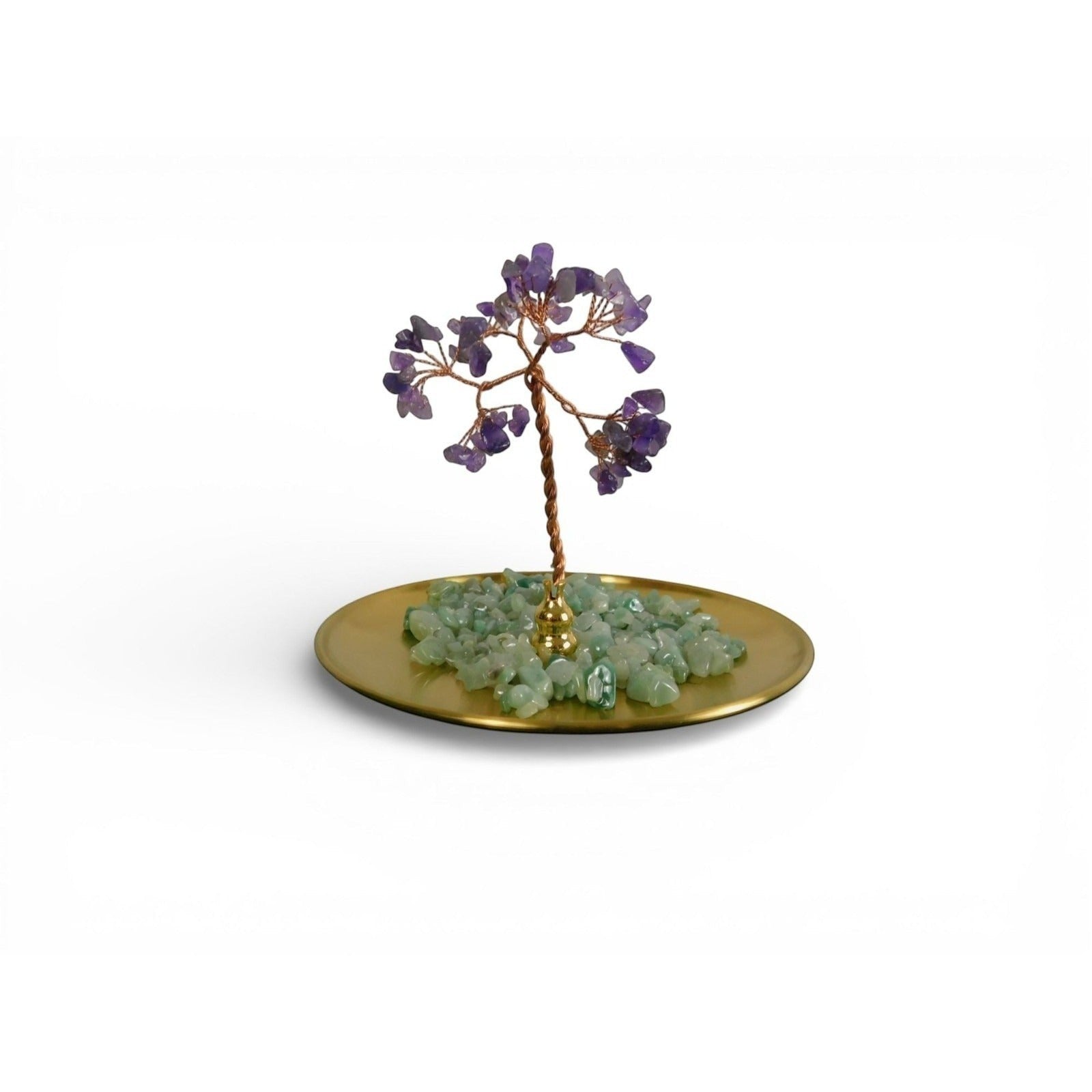 The Witches' Quest amethyst gemstone tree ornament with green aventurine chips on a gold-toned metal tray.