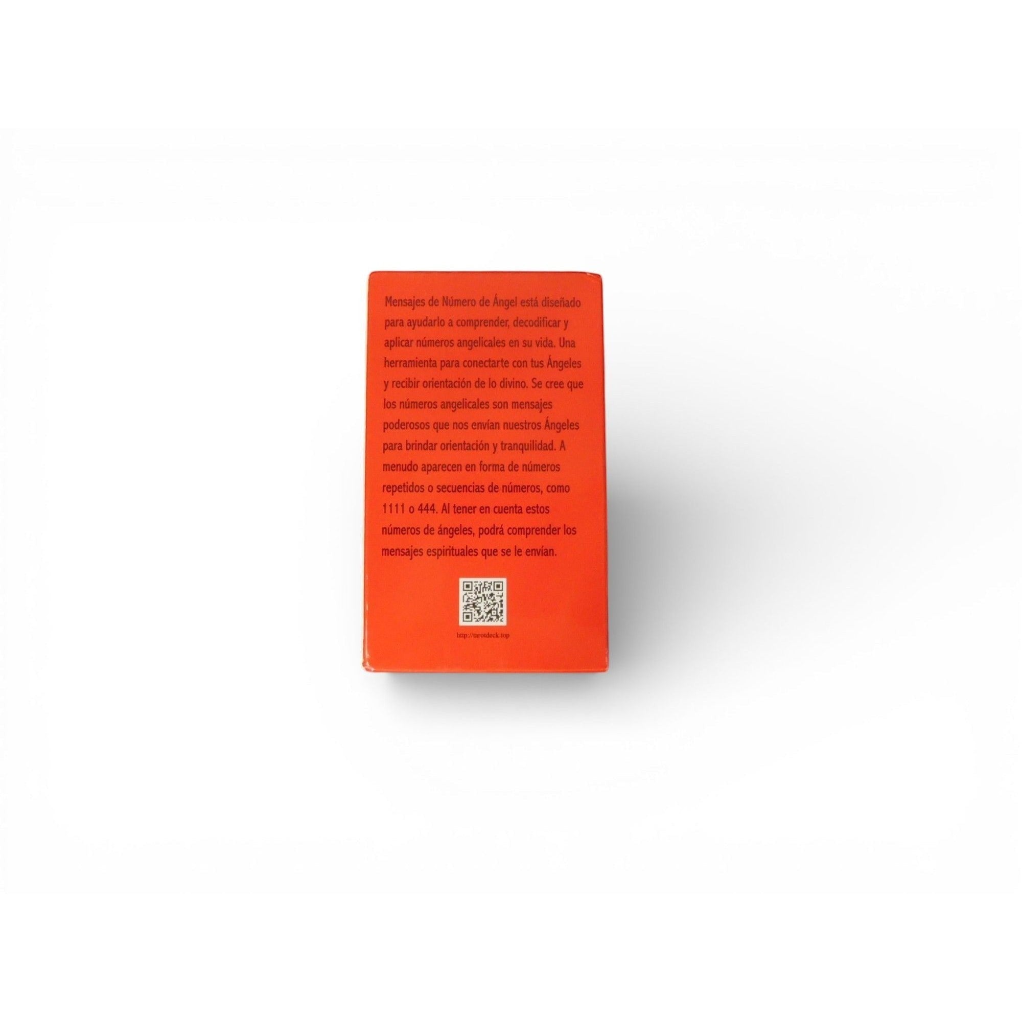 The Witches' Quest Mensajes De Número De Ángel mini tarot deck box with Spanish text on a vibrant orange background.