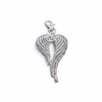 The Witches' Quest silver-toned keychain featuring detailed angel wings cradling a pentagram with a secure metal clip.