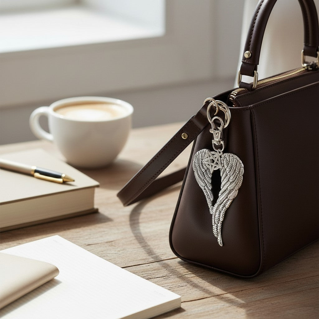 The Witches' Quest silver angel wing pentagram keychain attached to a dark brown leather handbag on a wooden desk.