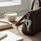 The Witches' Quest silver angel wing pentagram keychain attached to a dark brown leather handbag on a wooden desk.