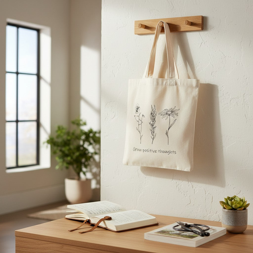The Witches' Quest large beige canvas tote bag with black floral line art and Grow positive thoughts text hanging on wall
