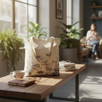 The Witches' Quest beige canvas tote bag featuring black celestial, mushroom, and butterfly line-art on a wooden table.