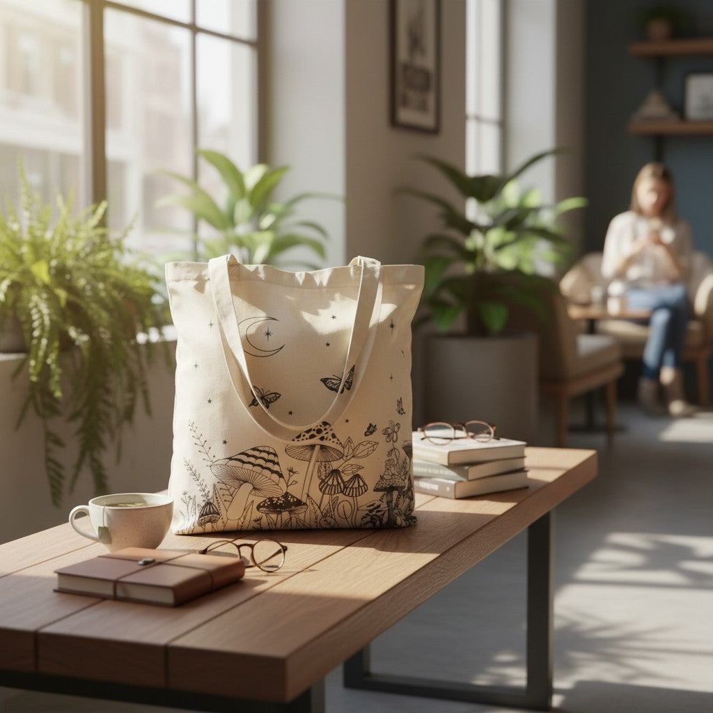 The Witches' Quest beige canvas tote bag featuring black celestial, mushroom, and butterfly line-art on a wooden table.