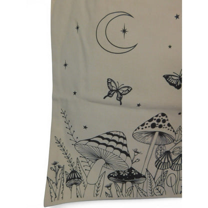 The Witches' Quest beige canvas tote bag featuring black line-art of mushrooms, butterflies, and a crescent moon.