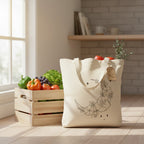 The Witches' Quest beige canvas tote bag featuring a black line art crescent moon, floral, and star print.
