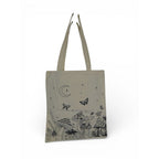 The Witches' Quest beige canvas tote bag featuring a black celestial mushroom, butterfly, and moon line-art print.