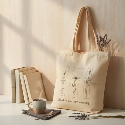The Witches' Quest beige canvas tote bag featuring floral line art and the quote Good things are coming