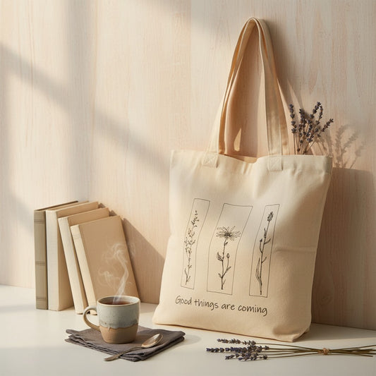 The Witches' Quest beige canvas tote bag featuring floral line art and the quote Good things are coming