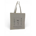 The Witches' Quest beige canvas tote bag featuring black floral line art and the quote Good things are coming