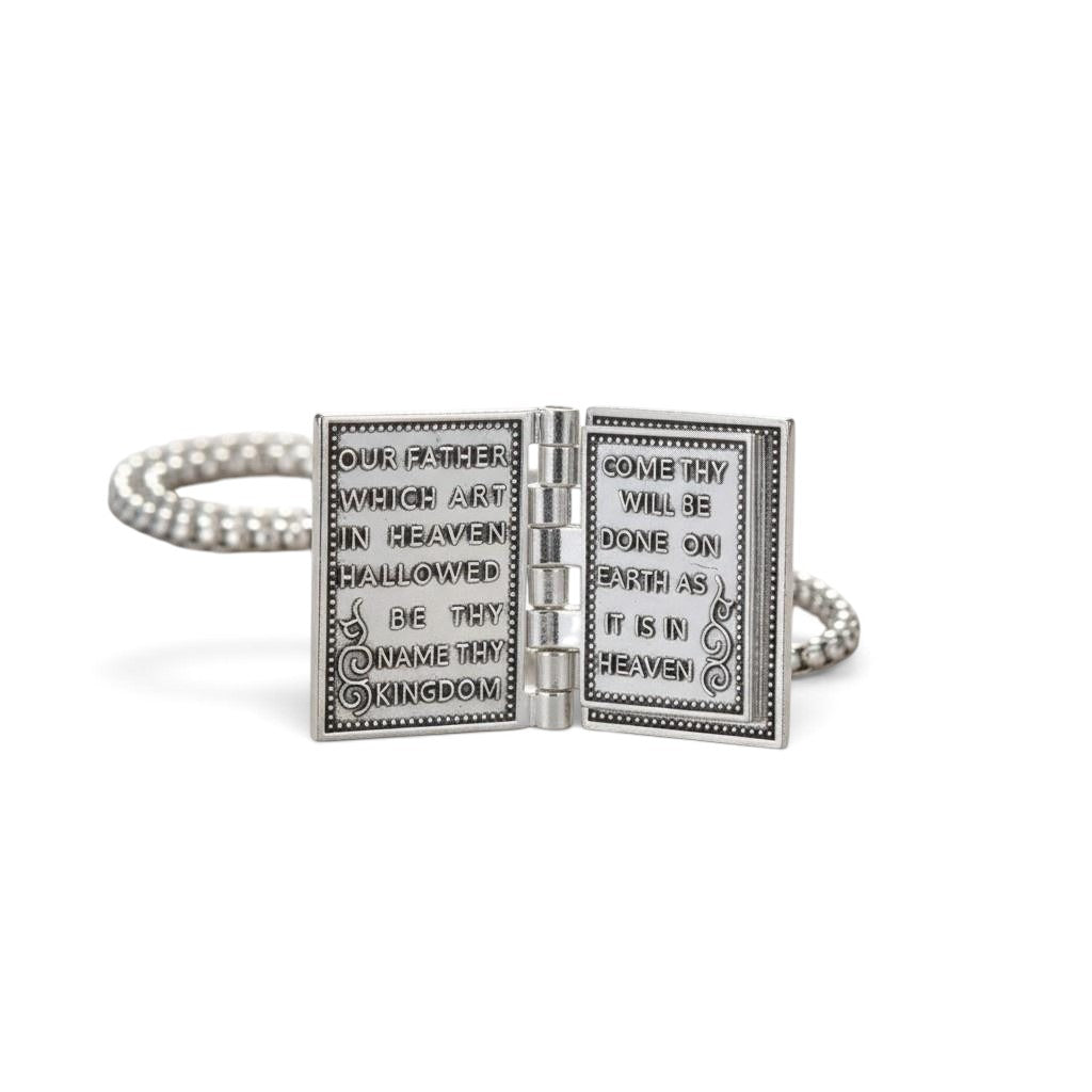 The Witches' Quest silver tone rectangular Bible locket necklace open to reveal engraved Lord's Prayer text
