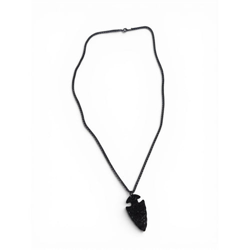 The Witches' Quest black arrowhead pendant necklace with engraved Viking compass symbol on a textured chain.