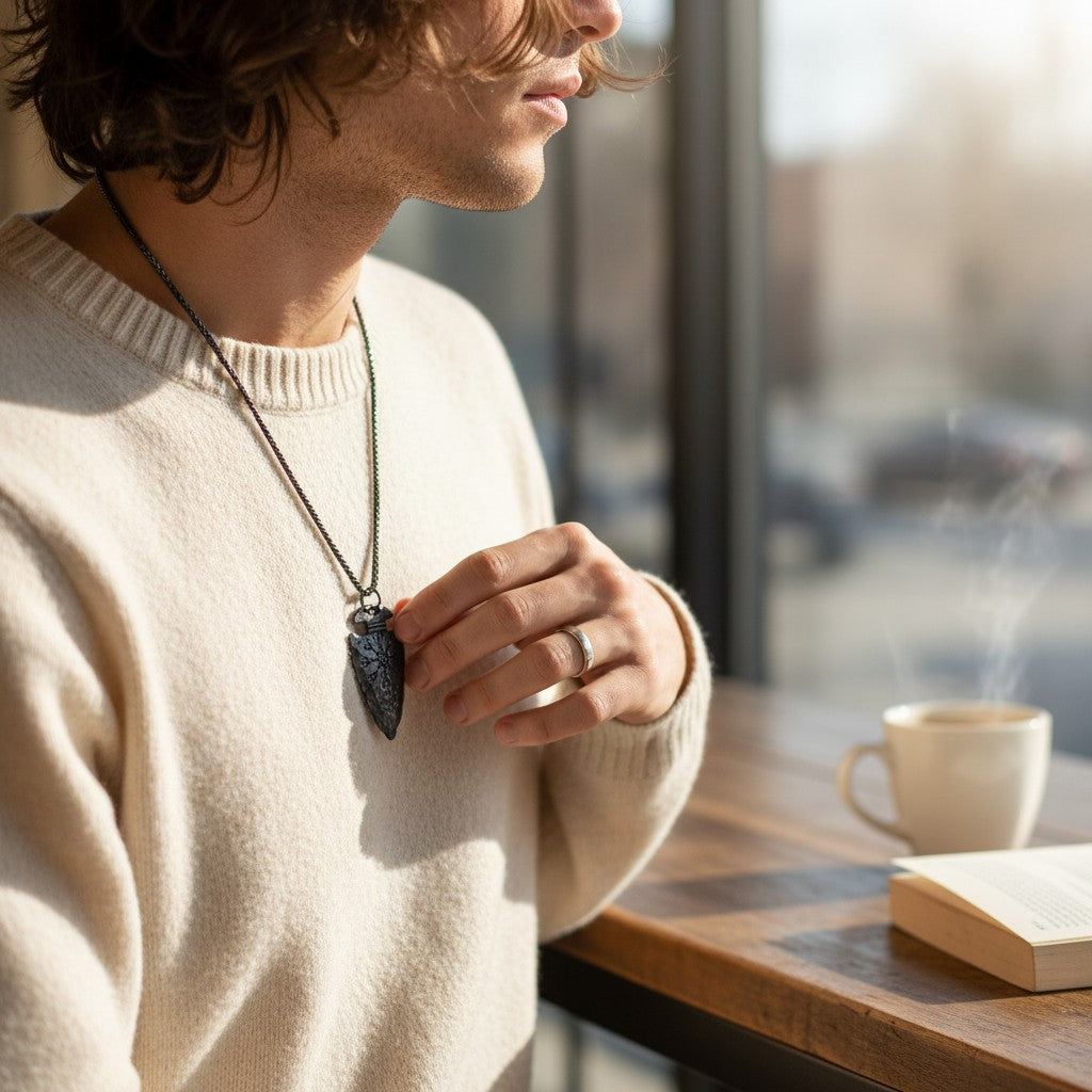 The Witches' Quest black arrowhead pendant necklace with engraved Viking symbol worn by a man in a cream sweater