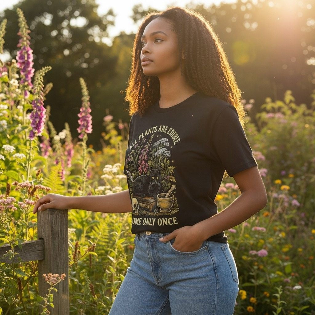 The Witches' Quest black cotton graphic t-shirt featuring a botanical print worn by a woman in a sunlit garden.