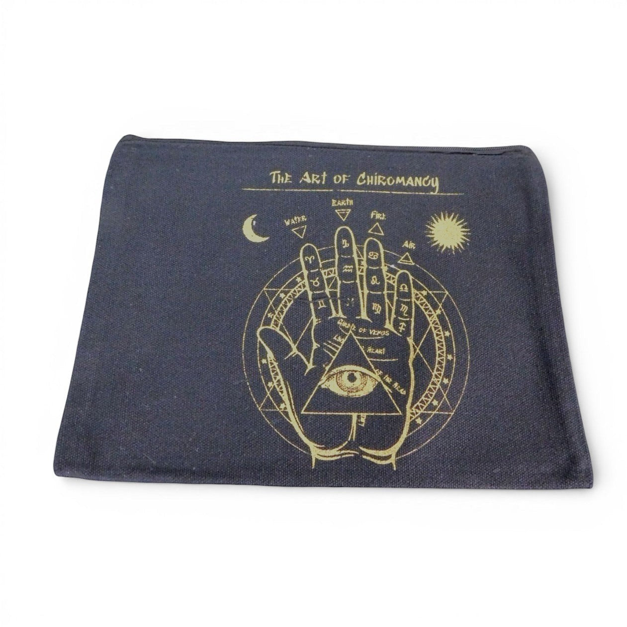 The Witches' Quest black canvas zipper pouch featuring a gold chiromancy hand design with mystical symbols.
