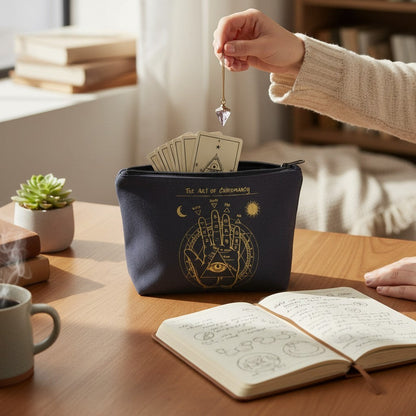The Witches' Quest black canvas zipper pouch featuring gold chiromancy hand art, held on a desk with tarot cards.