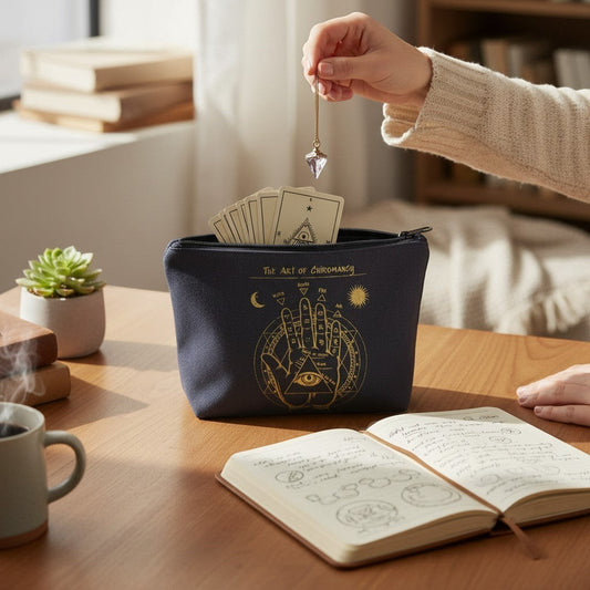 The Witches' Quest black canvas zipper pouch featuring gold chiromancy hand art, held on a desk with tarot cards.