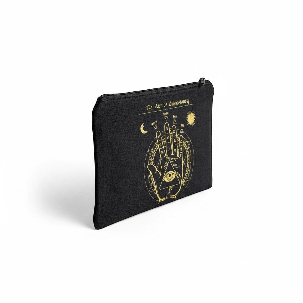 The Witches' Quest black canvas zip pouch featuring a gold celestial palmistry Art of Chiromancy print.