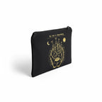 The Witches' Quest black canvas zip pouch featuring a gold celestial palmistry Art of Chiromancy print.