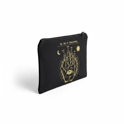 The Witches' Quest black canvas zip pouch featuring a gold celestial palmistry Art of Chiromancy print.