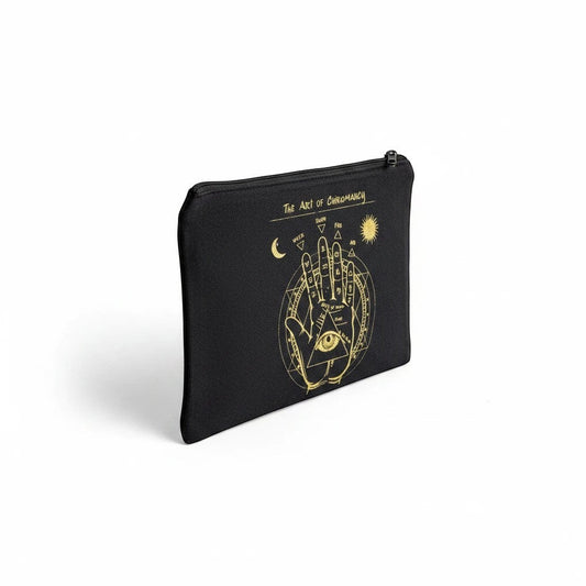 The Witches' Quest black canvas zip pouch featuring a gold celestial palmistry Art of Chiromancy print.