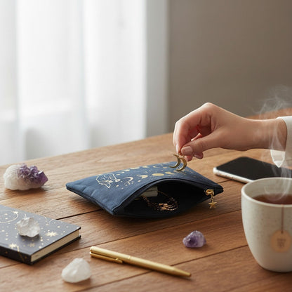 The Witches' Quest black canvas zipper pouch with gold celestial moon phase print on a wooden desk with crystals.