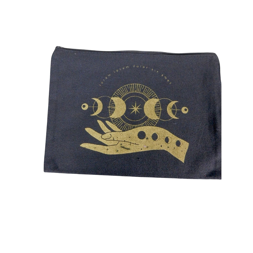 The Witches' Quest black canvas zipper pouch featuring a gold moon phase and hand design for mystical organization.
