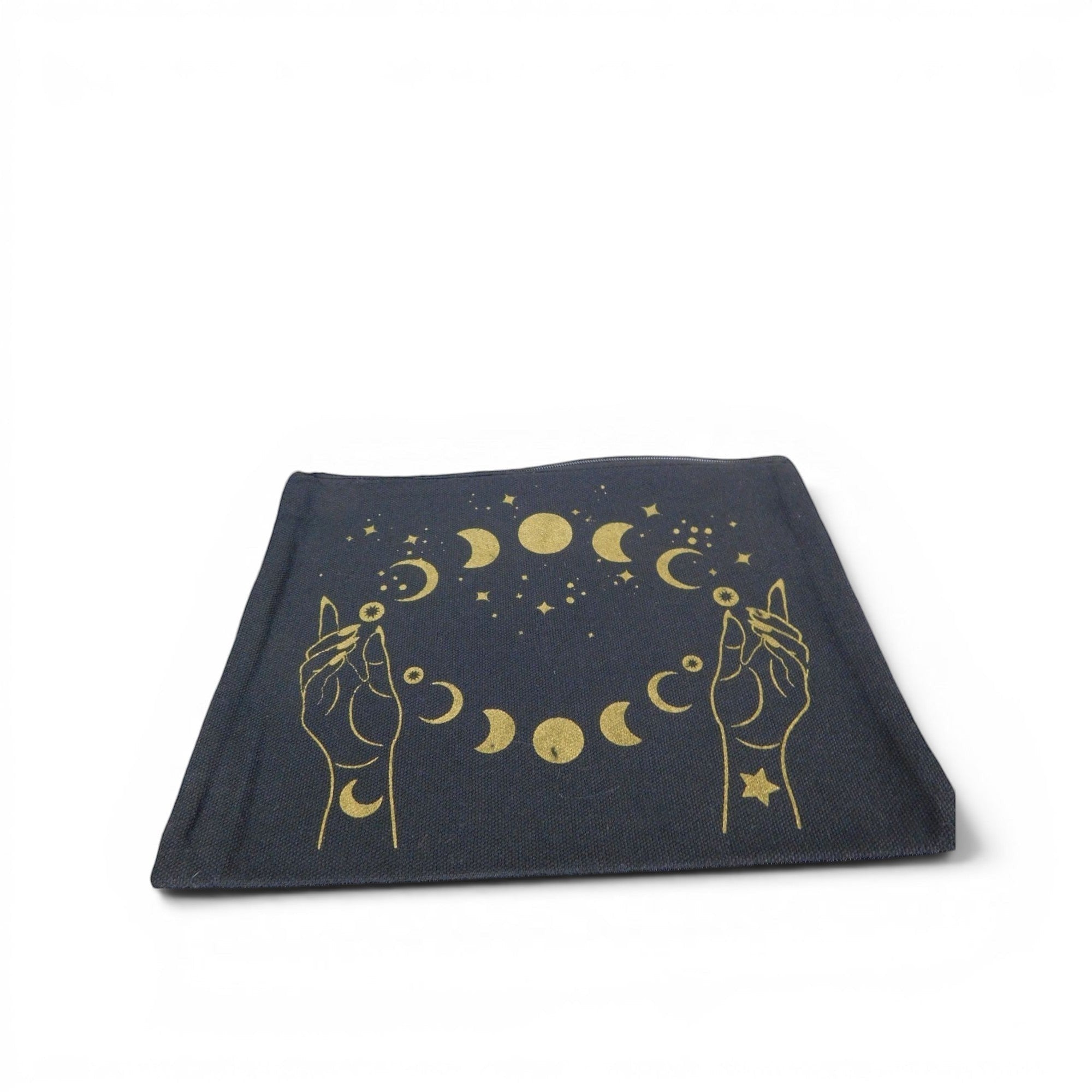 The Witches' Quest black canvas zipper pouch featuring a gold celestial moon phase and mystical hand print.