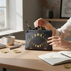 The Witches' Quest black canvas zipper pouch with gold celestial moon phase and hand print on a wooden desk.