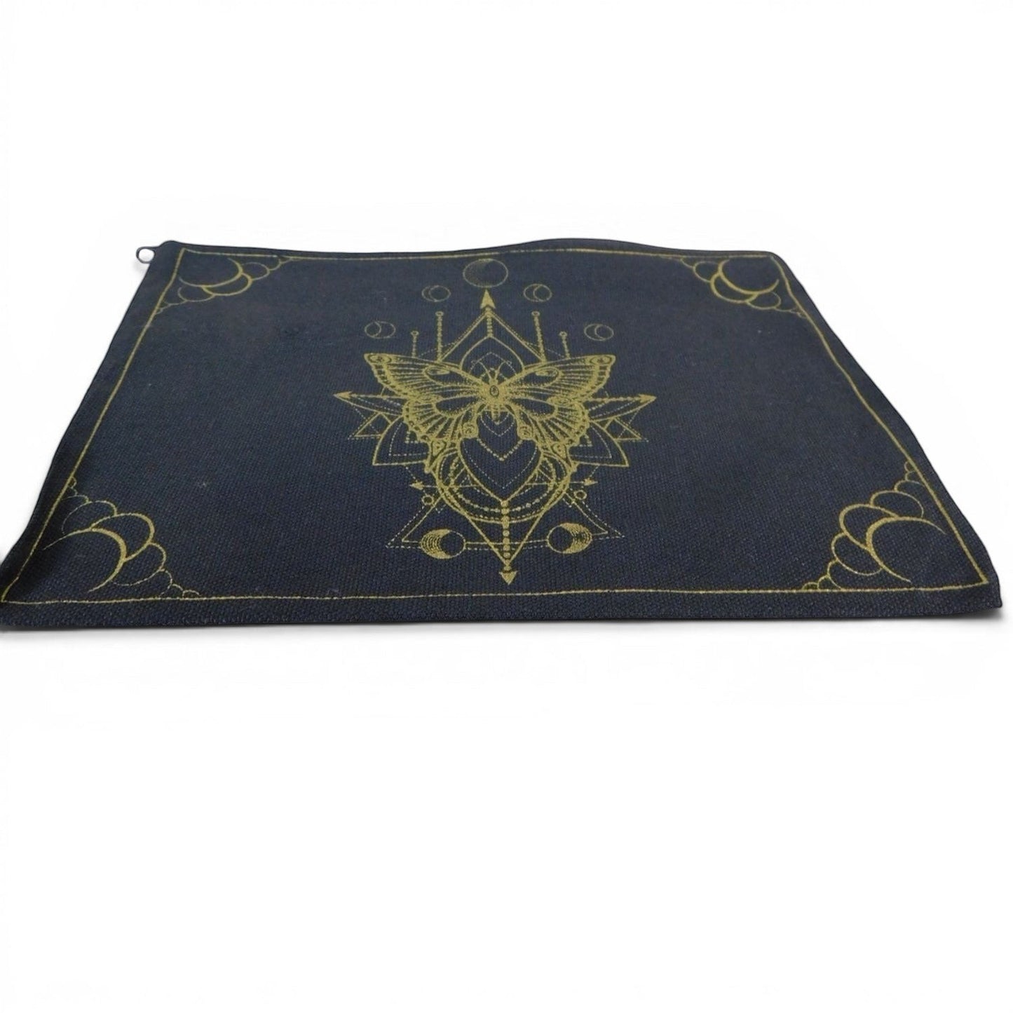 The Witches' Quest black canvas zipper pouch featuring an intricate gold moth illustration and geometric border.