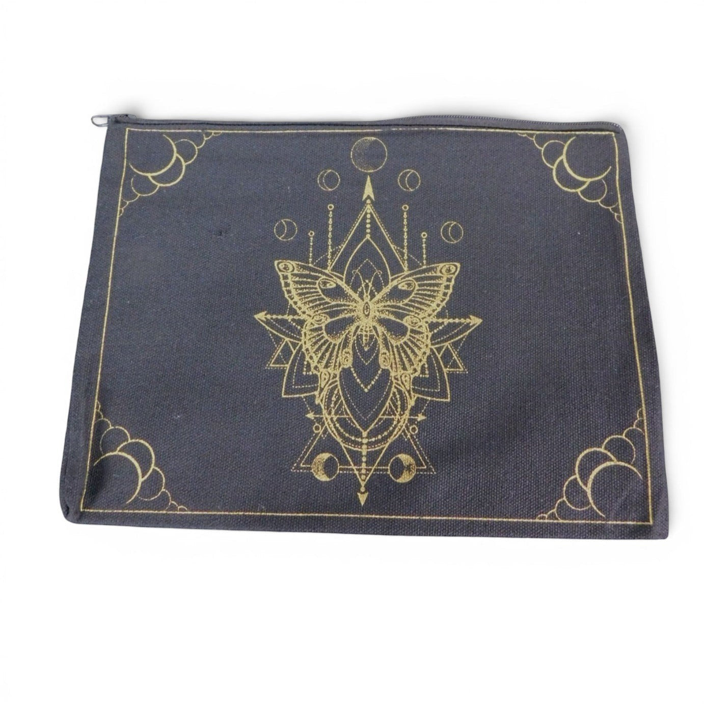 The Witches' Quest black canvas zipper pouch featuring an intricate gold moth and celestial geometric design.