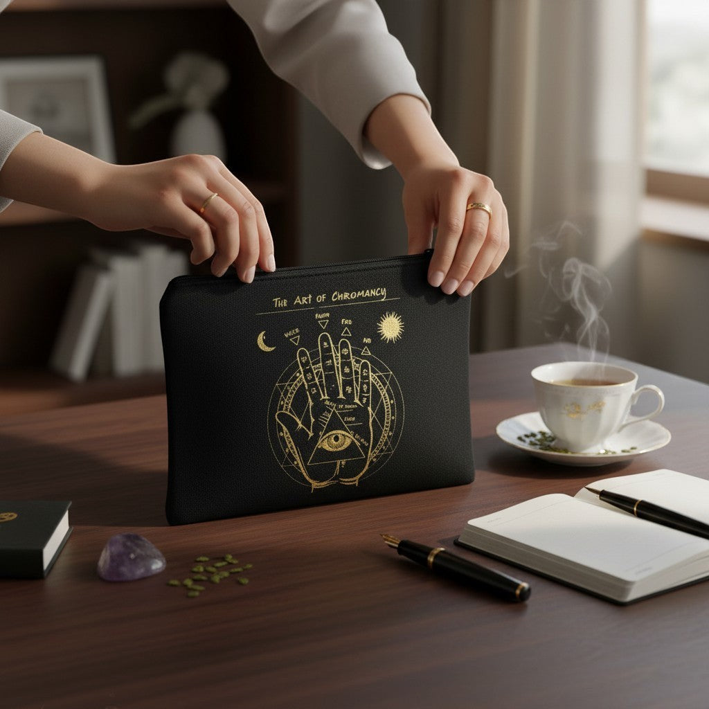 The Witches' Quest black canvas zip pouch featuring a gold celestial palmistry Art of Chiromancy print on a desk.