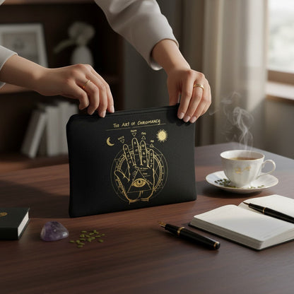 The Witches' Quest black canvas zip pouch featuring a gold celestial palmistry Art of Chiromancy print on a desk.